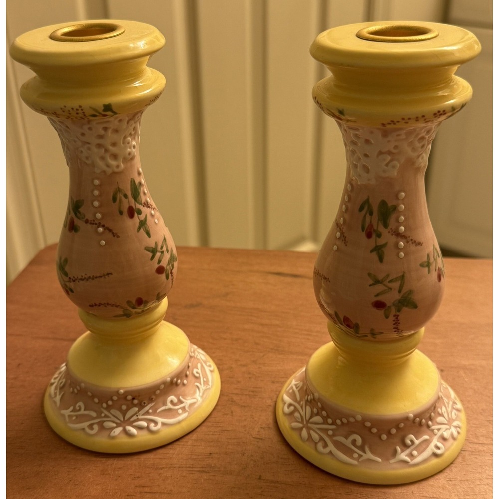 Pair of Ceramic Candlestick Holders 6 5/8 Pink Yellow Floral Design Handpainted